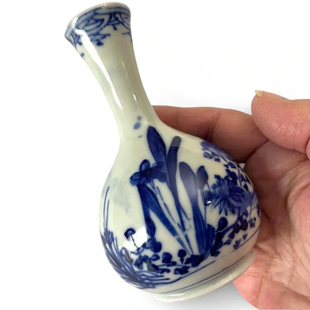 19th Century Chinese Blue and White Hand Painted Porcelain Bottle Bud Vase